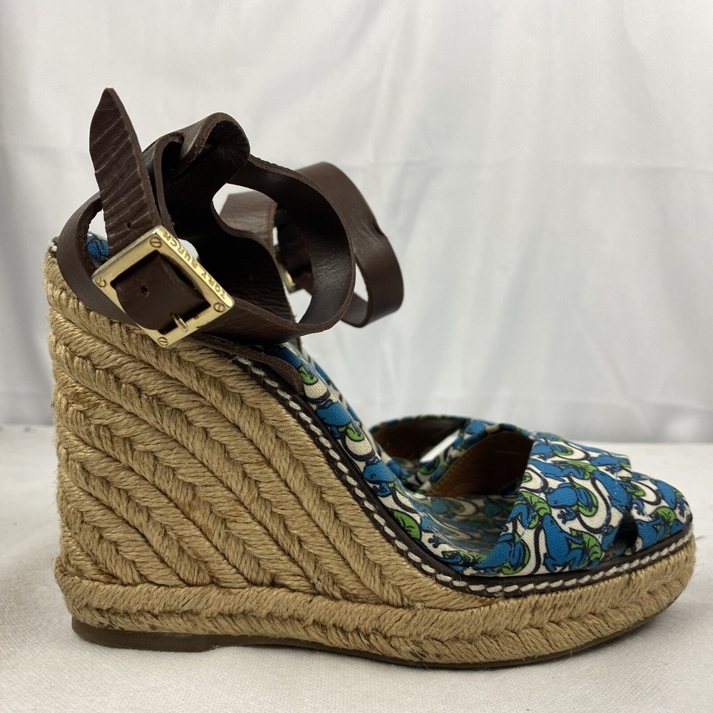 Tory Burch Frog Lilly Pad Graphic Print Espadrille Rope Wedges Size 6 - Picture 5 of 11